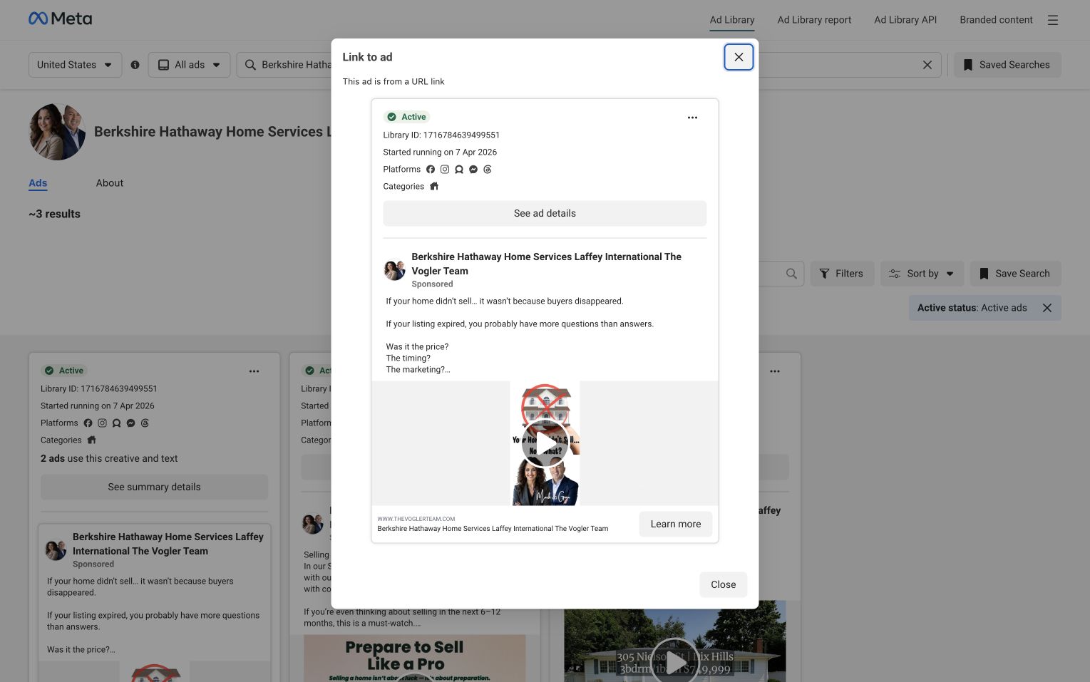 Meta Ad Library screenshot of The Vogler Team expired listing video ad